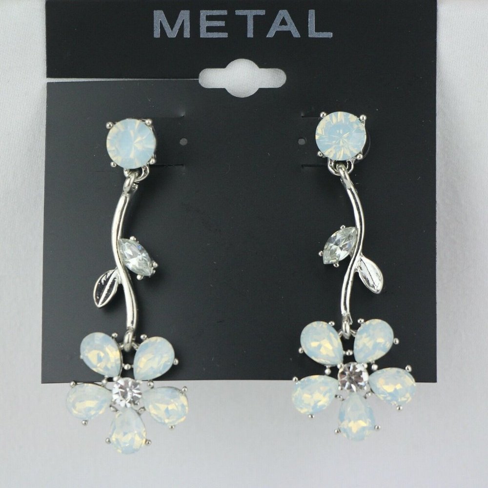 Metal Earrings 2 1/8" Silver-tone Stud Milky White Flowers Dangle